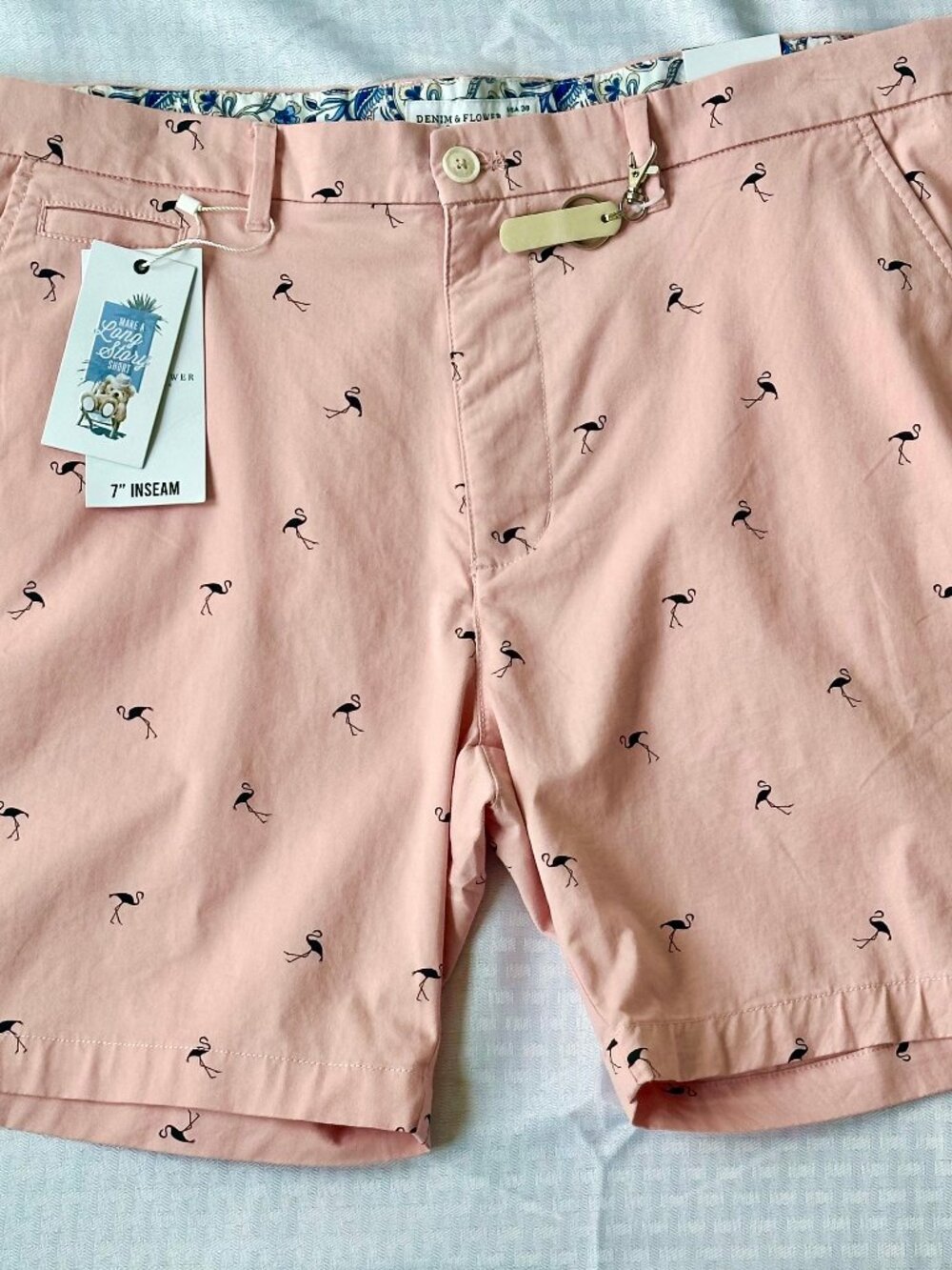 Denim & Flower Ricky Singh Flamingo Print Shorts Pink Men's 38 NWT 7" Inseam